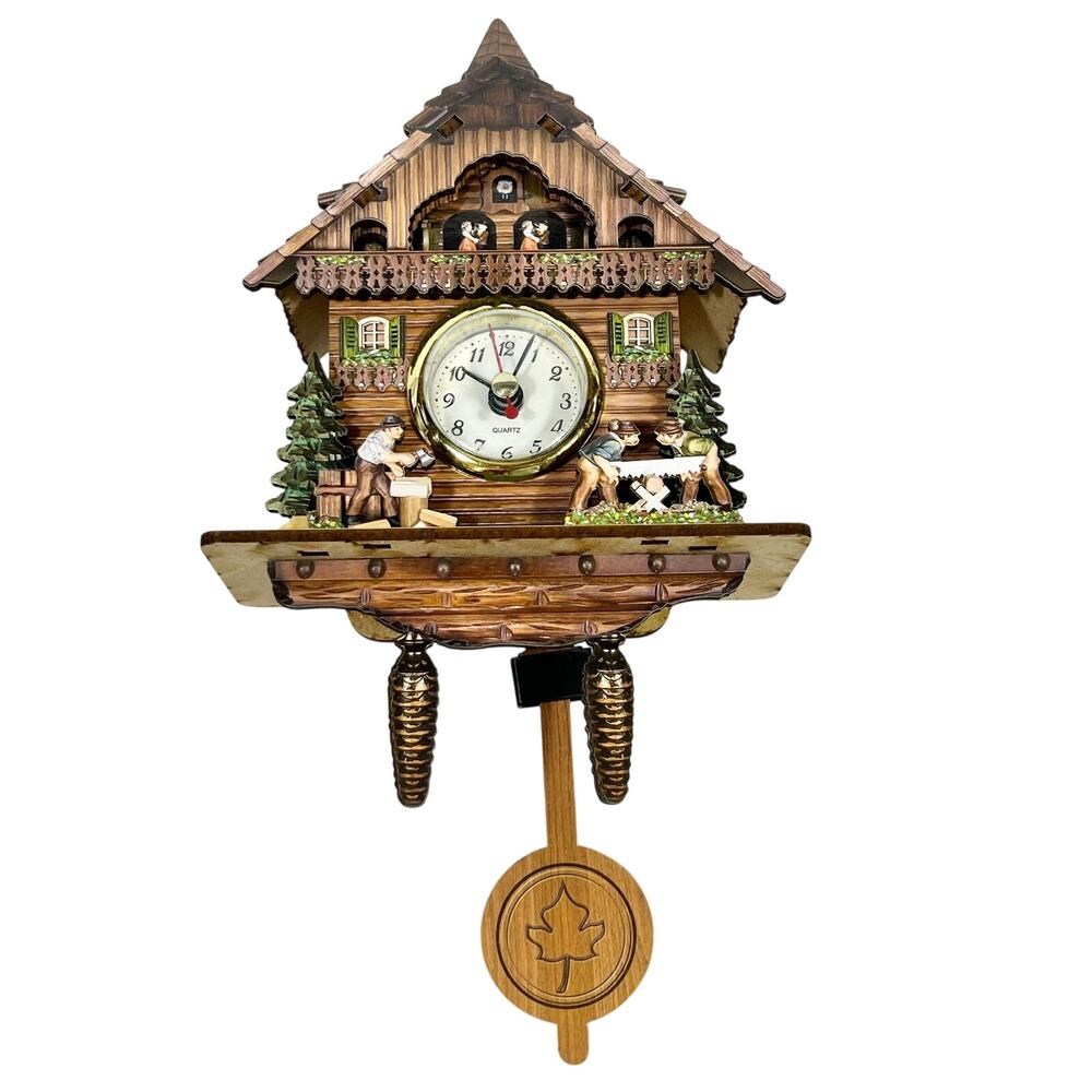 Miniature Wooden Quartz Cuckoo Clock Germany Woodcutters Log Sawing Chalet